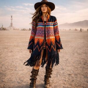 Hot & Delicious colorful tribal knit fringe Boho long open  duster/cardigan sz M